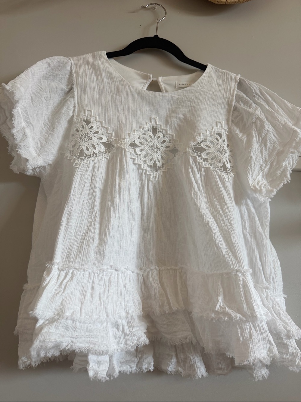 Altar'd State Cotton White Crochet-Front Ruffle Sleeve Blouse - Picture 14 of 14